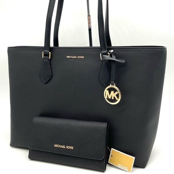 Michael Kors Bag Large Sheila Mf Tote Bag & Large Trifold Wallet Black/Gold - Picture 2 of 14